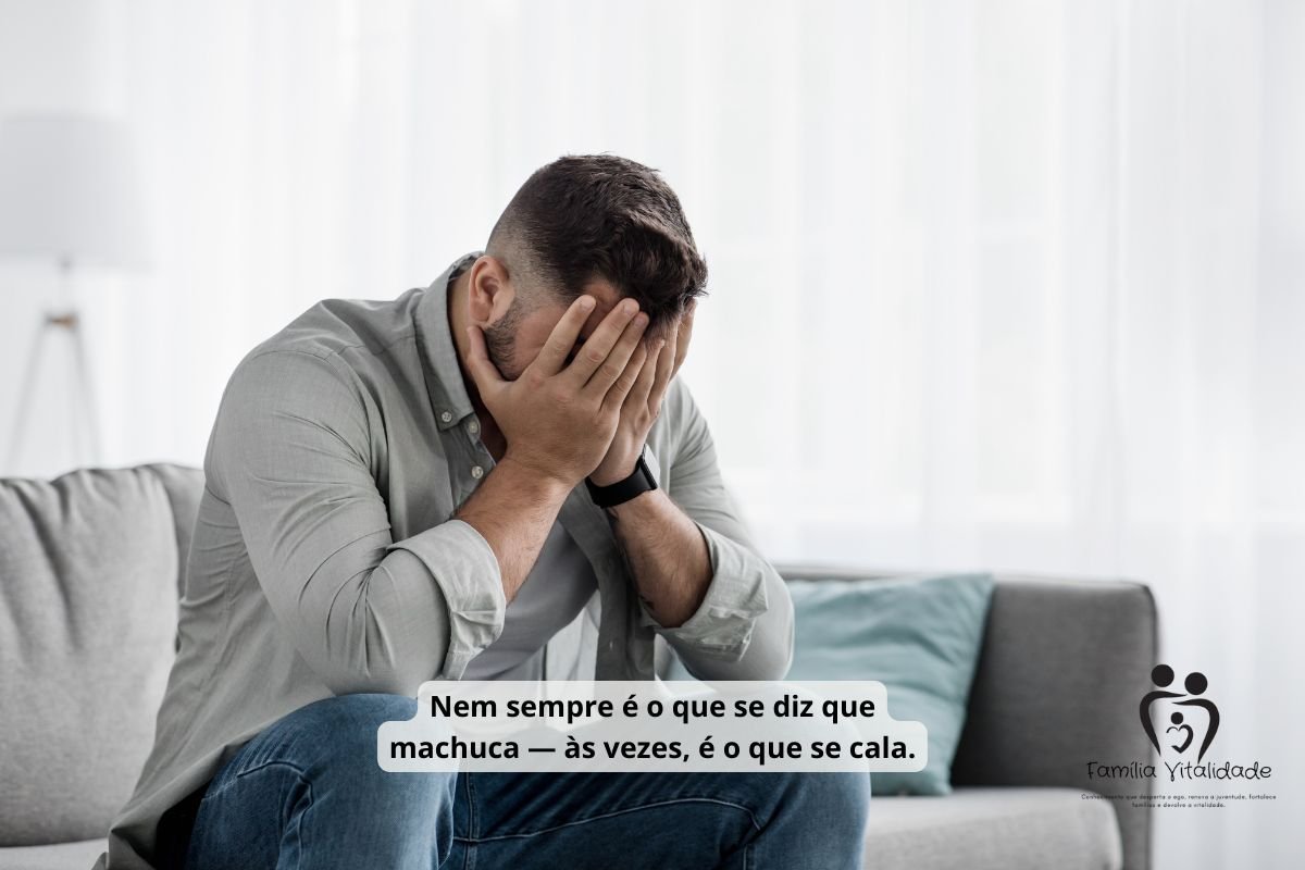 Homem introspectivo olhando para baixo, simbolizando o impacto do silêncio emocional