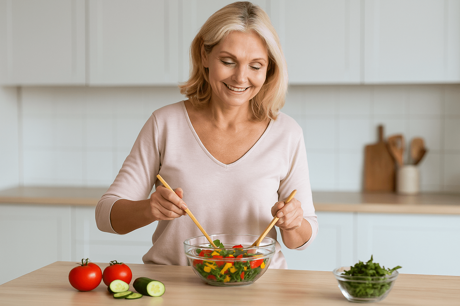 Emagrecer aos 50 sem dieta — mulher madura preparando salada com leveza e bem-estar