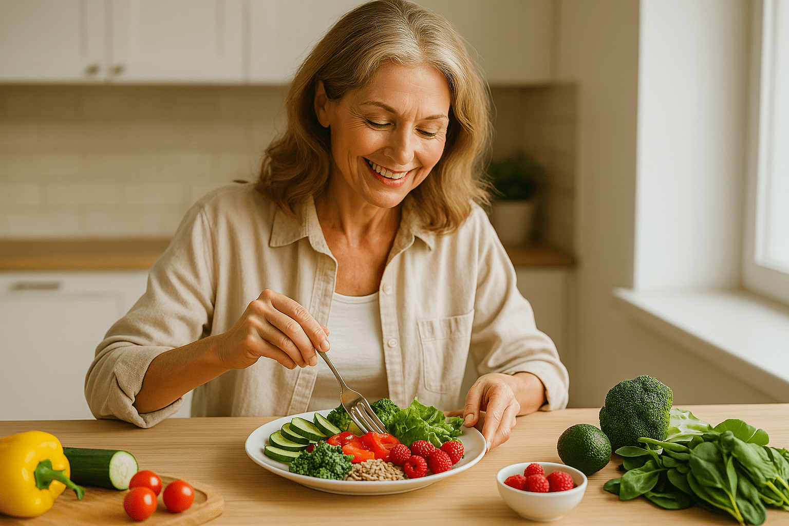 Alimentos que rejuvenescem depois dos 40 — mulher montando prato com frutas, vegetais e sementes
