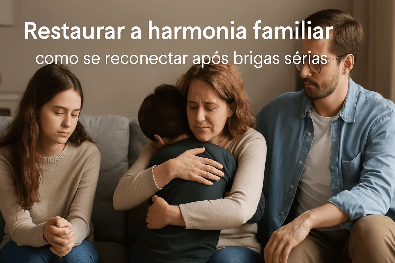 Restaurar a harmonia familiar — família emocionada se abraçando após reconciliação