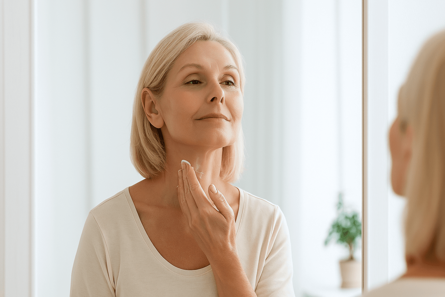 Firmeza do pescoço depois dos 50 — mulher passando creme com leveza e cuidado