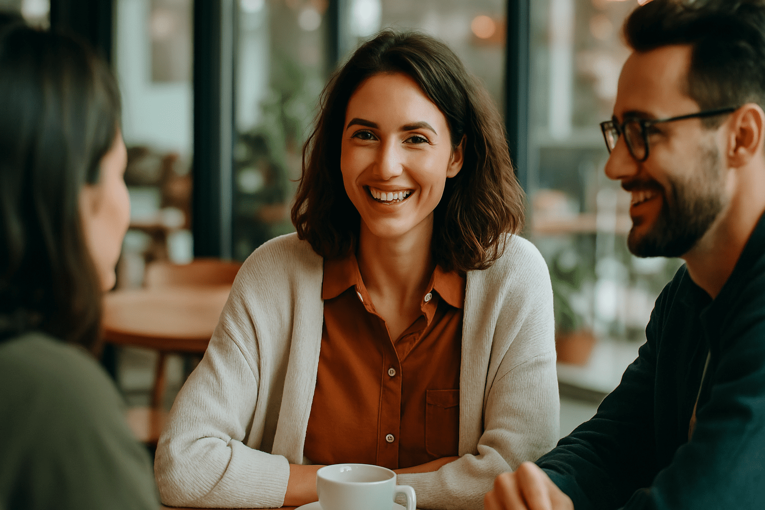 Mulher sorrindo com confiança durante uma conversa, representando dicas para ser uma pessoa interessante