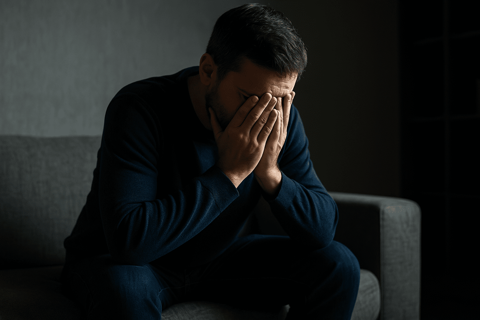 Ego masculino e fracasso — homem de cabeça baixa com expressão de vergonha em ambiente escuro