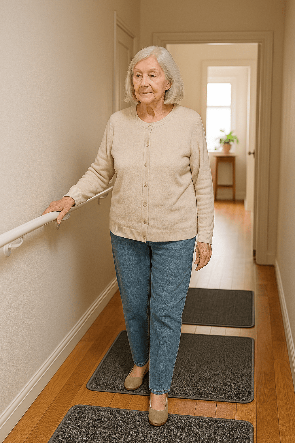 Prevenir quedas em idosos — idosa caminhando com segurança em casa adaptada