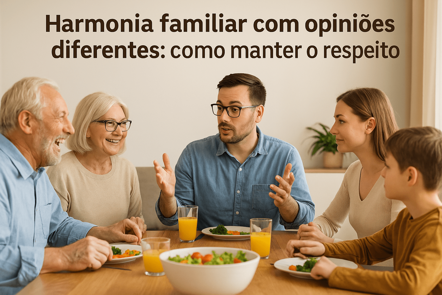 Harmonia familiar com opiniões diferentes — família reunida em clima de respeito e escuta